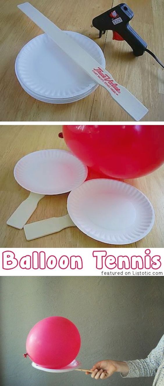 A series of photos depicting how to create the materials for balloon tennis. Photo one shows paper plates, a paint stirrer and a hot glue gun. Photo 2 shows two plates with a paint stirrer attached and a blow up balloon. Photo 3 shows a hand holding a paint stirrer with a plate attached and a balloon balanced on top.