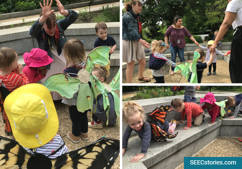 Children pretending to be butterflies, while wearing wings