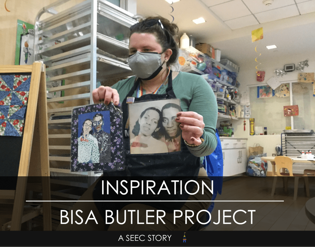 Art educator holds up two pictures. One picture shows a photograph of two people. The other picture shows the same image that has been made into a quilt. 