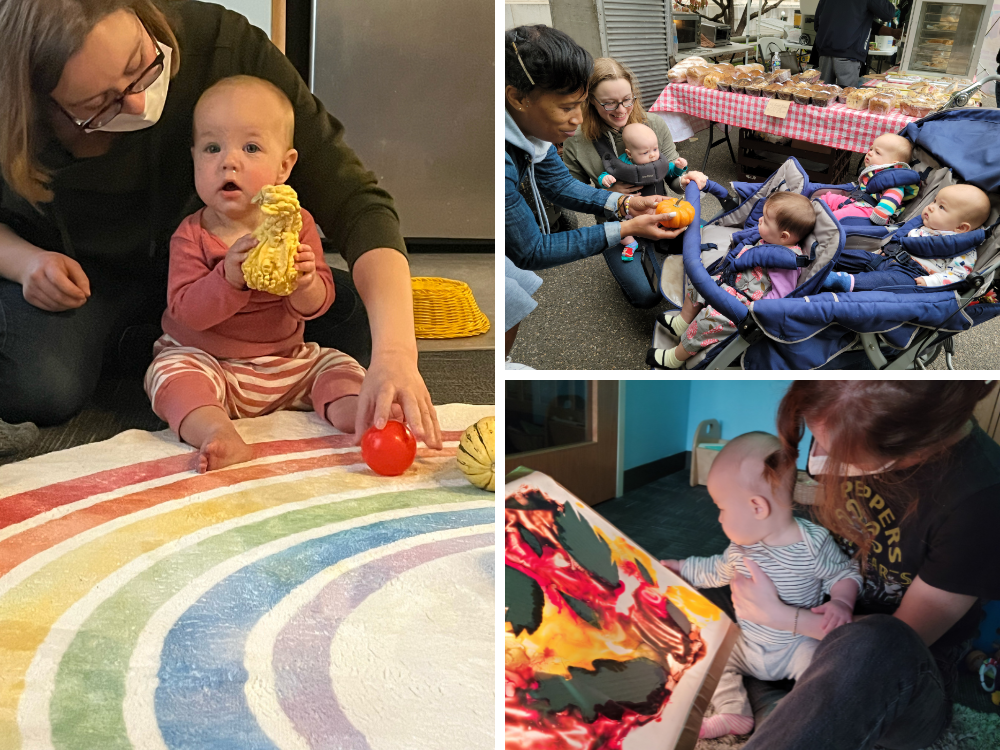 Grouping of three photos. 1) A baby sits on a rug holding a gourd with a teach sitting behind. 2) Three babies sitting a large blue stroller look at a small pumpkin in their teacher's hand while at a farmer's market. 3) A baby is supported by their teacher while they finger paint and create art. 